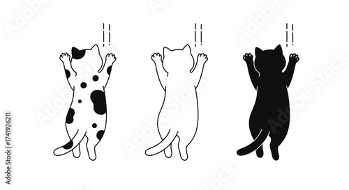 Three adorable cartoon cats hanging playfully from thin ropes in simple sketchy outline styles for whimsical designs isolated on white background
