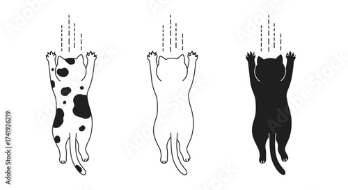 Three stylized cats dangling from top line minimalist line art cute feline friends playing and climbing animal characters isolated on white background