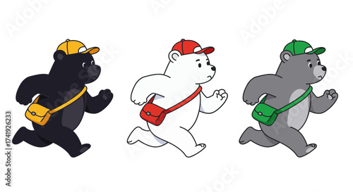 Three diverse cartoon bears running swiftly wearing caps and messenger bags ready for adventure or delivery isolated on white background