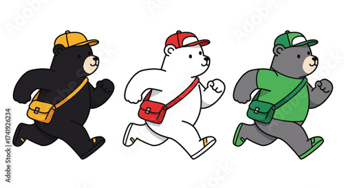 Three diverse cartoon bears running joyfully with backpacks and caps depicting activity and adventure isolated on white background
