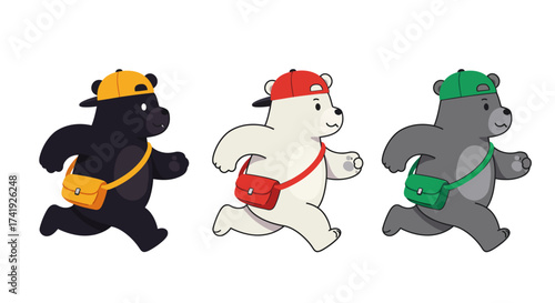 Three cute cartoon polar bears in different colors running wearing hats and sling bags dynamic motion fun and playful characters for children's designs isolated on white background