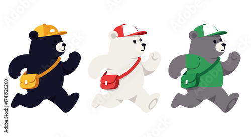 Three diverse cartoon bears in motion wearing hats and carrying satchels depicting delivery and service roles isolated on white background