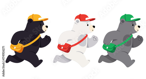 Three playful cartoon bears wearing hats and messenger bags running together in a line displaying different colors black white and gray isolated on white background