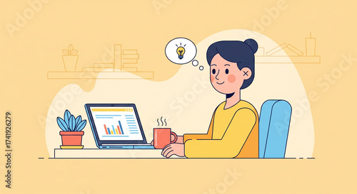 Creative woman working on laptop with innovative ideas, modern freelance lifestyle, vibrant illustration suitable for business or education presentations