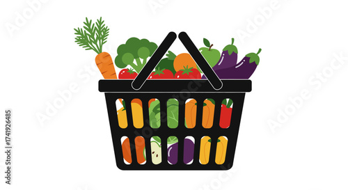 Abundant shopping basket overflowing with fresh fruits and vegetables representing healthy eating and groceries isolated on white background