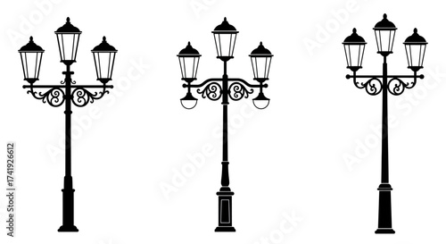 Vintage street lamp collection set of three ornate post light fixtures classic outdoor illumination elements architectural decor isolated on white background