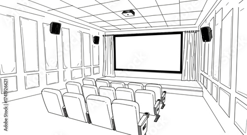 Immersive home cinema experience with comfortable seating and large screen for entertainment and relaxation isolated on white background