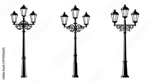 Classic three-light streetlamps ornate vintage lamps urban lighting fixtures outdoor decorative poles traditional public illumination elements isolated on white background