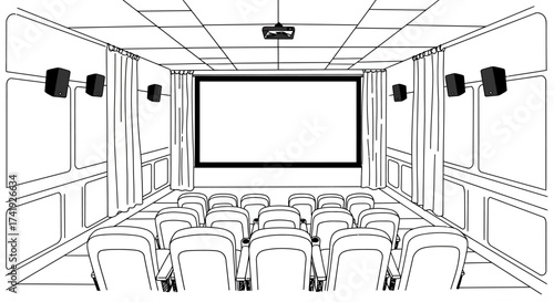 Sketch of a modern home theater with large screen plush seating and surround sound speakers ideal for entertainment concept design isolated on white background
