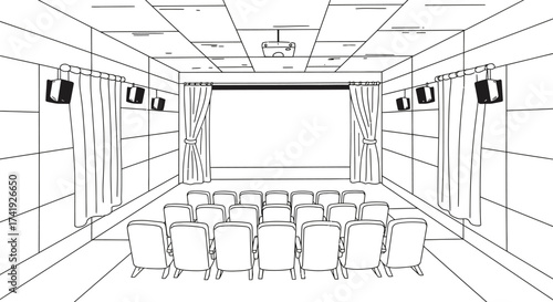 Interior sketch of a modern cinema theater with rows of seats and a large projection screen immersive entertainment venue concept isolated on white background