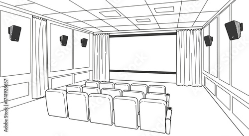 Modern home theater interior with rows of comfortable seating and large screen cinematic experience sketch style isolated on white background