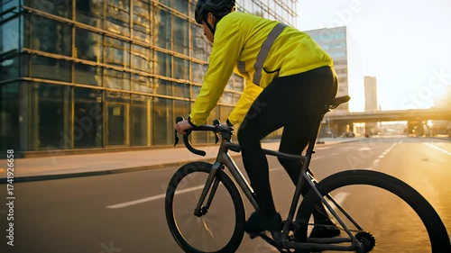 Athletic cyclist wearing a bright jacket and helmet riding a professional road bicycle through an urban city street during a beautiful golden hour sunset, showing a healthy and active lifestyle