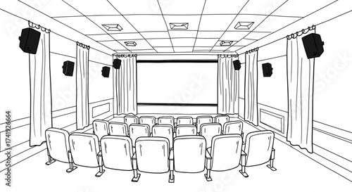 Indoor movie theater auditorium interior with rows of empty seats and large screen ready for film screening entertainment concept isolated on white background