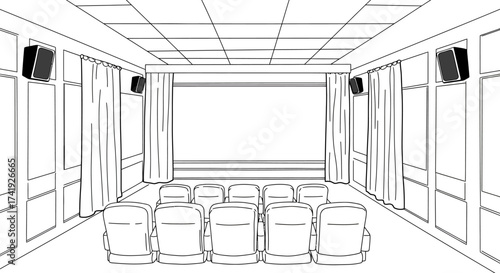 Empty cinema interior with rows of seats facing a large screen ready for a movie presentation or event isolated on white background