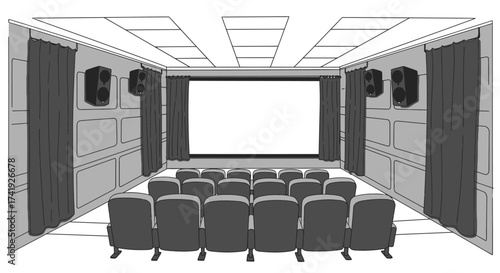 Modern home theater room interior with cinema screen chairs and surround sound system ready for entertainment isolated on white background