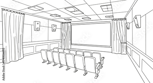 Outline sketch of a modern auditorium interior with comfortable seating and a large projection screen ready for presentations and events. isolated on white background