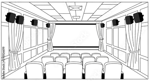 Interior perspective of a cinema hall showing rows of seats facing a large screen and surround sound speakers isolated on white background