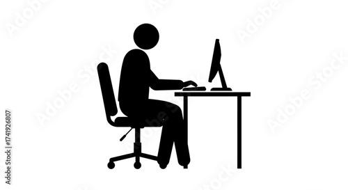 Silhouette of a person sitting at a desk working on a computer showing concentration and focus in a business setting isolated on white background