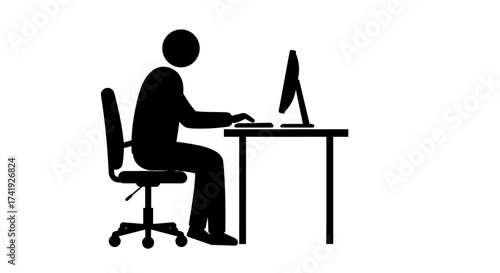Silhouette of a person working on a computer at a desk using an office chair symbolizing modern office work and technology usage isolated on white background
