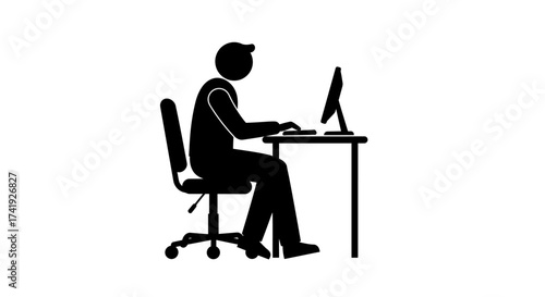 Silhouette of a person working at a computer desk using a keyboard and monitor representing office work and technology usage. isolated on white background