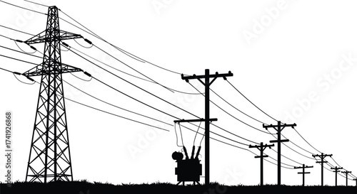 Transmission tower and utility poles, electricity distribution system, power line infrastructure, voltage grid network, rural energy design, engineering reference illustration