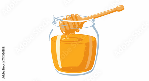 Golden honey in clear glass jar with wooden dipper healthy sweetness natural food ingredient refreshing organic treat kitchen essential delicious flavor isolated on white background