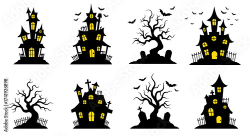 Spooky halloween haunted houses and creepy silhouette trees with bats and gravestones for festive holiday decorations isolated on white background
