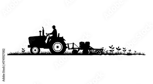 Silhouette of a vintage tractor tilling a field with a farmer operator and furrows of soil in a rural agricultural landscape isolated on white background