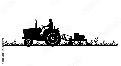 Silhouette of a farmer operating a tractor in a field with agricultural equipment and growing plants isolated on white background