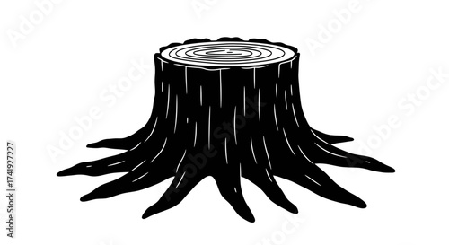 Rustic tree stump with exposed roots detailed black and white drawing natural element for forest and nature themes isolated on white background