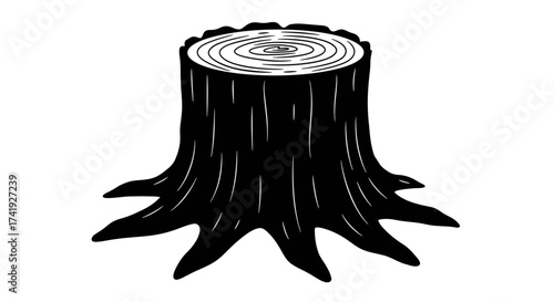 Black and white wood texture tree stump with exposed roots showing natural growth rings and rough bark detail perfect for nature themes isolated on white background