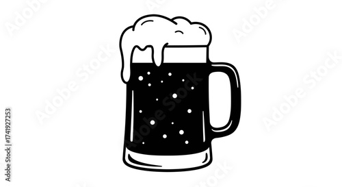 Classic mug of dark beer with overflowing foamy head in a retro style simple design for beverage advertisements and pub decor isolated on white background