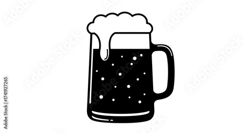 Dark beer mug with frothy head and bubbles classic beverage icon graphic symbol representation of refreshing drink isolated on white background