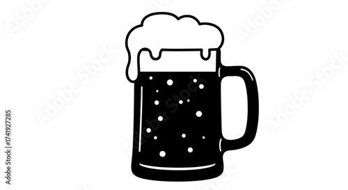 Classic beer mug silhouette with frothy foam top and bubbles inside symbolizing refreshment and celebration isolated on white background