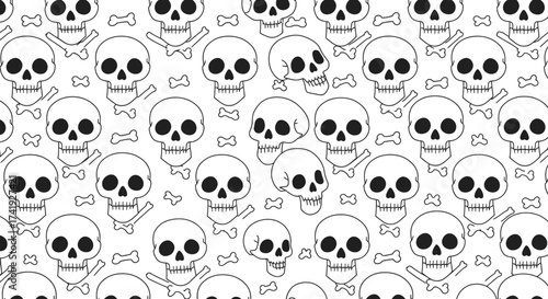 Seamless pattern of hand-drawn skulls and bones a creepy textured backdrop for halloween and gothic themed designs isolated on white background