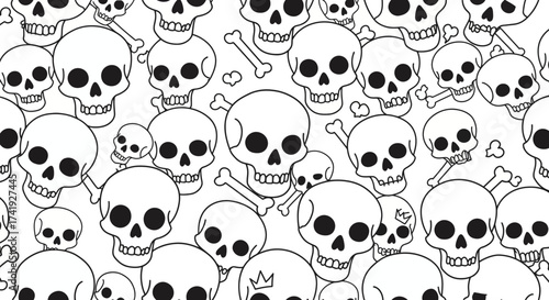 Intricate hand drawn skull pattern textile design seamless texture monochrome art spooky halloween graphic isolated on white background