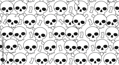 Abstract pattern of numerous stylized skulls and bones creating a dense monochromatic graphic texture for creative design projects isolated on white background