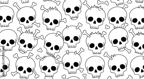 Spooky skull and crossbones pattern seamlessly repeating textile design decorative element scary halloween motif bold outline graphics isolated on white background