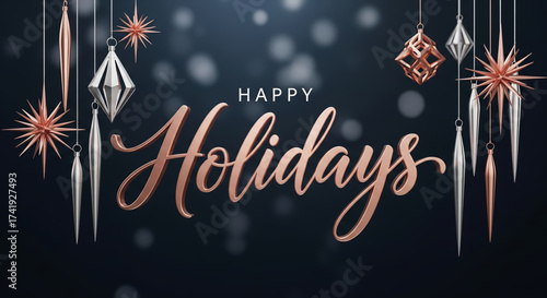 Happy holidays text with elegant rose gold and silver christmas ornaments on a dark blue background with bokeh lights, a luxury 3d greeting card