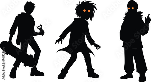 Silhouette, glowing eyes, mysterious figures, urban style, spiky hair, skateboard, slingshot, dynamic pose, eerie vibe, graphic novel, animation, character design, 