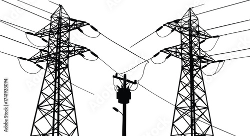 Transmission towers and utility pole with transformer, electricity infrastructure silhouette, power line distribution system, voltage grid network, rural energy design, engineering illustration