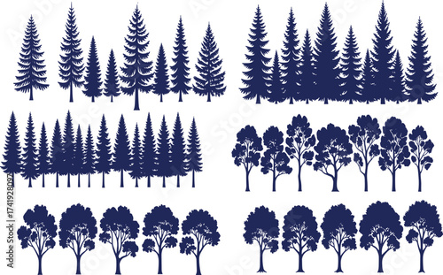 Tree silhouettes, forest shapes, coniferous and deciduous trees, nature design, landscape elements, botanical art, woodland graphics, vector illustration