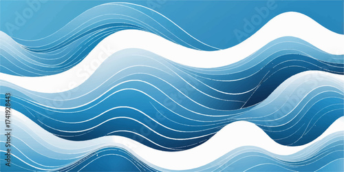 An abstract blue wave background featuring a dynamic vector pattern of curves suggesting ocean motion and liquid water design