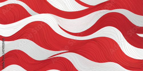 An abstract red vector seamless pattern design features ribbons, hearts, and a flowing wave line for a vibrant backdrop or banner decoration