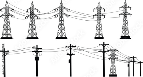 Transmission towers and utility poles, electricity infrastructure silhouettes, power grid components, voltage distribution system, rural energy network, engineering reference design