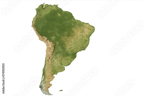 South america continent map showing physical geography and topography, featuring andes mountains with transparent background
