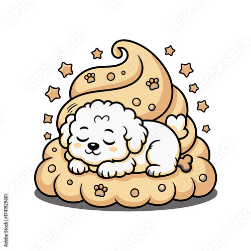 Cute sleeping white bichon frise dog on a swirl of whipped cream and stars, adorable pet illustration for sweet dreams and comfort