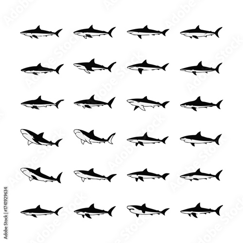 Collection of different shark silhouettes, showcasing a variety of poses and types in a clean, modern graphic design, perfect for educational or wildlife-themed projects