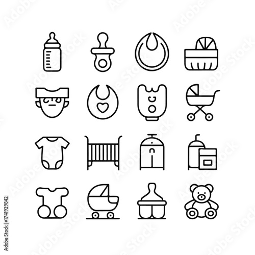 A simple collection of baby care outline icons representing newborn essentials, nursery items, and symbols of childhood and early parenthood