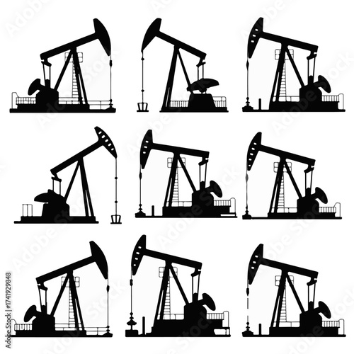 Set of isolated black oil pump silhouettes. A vector collection of industrial pumpjacks representing petroleum extraction and the global fossil fuel energy economy